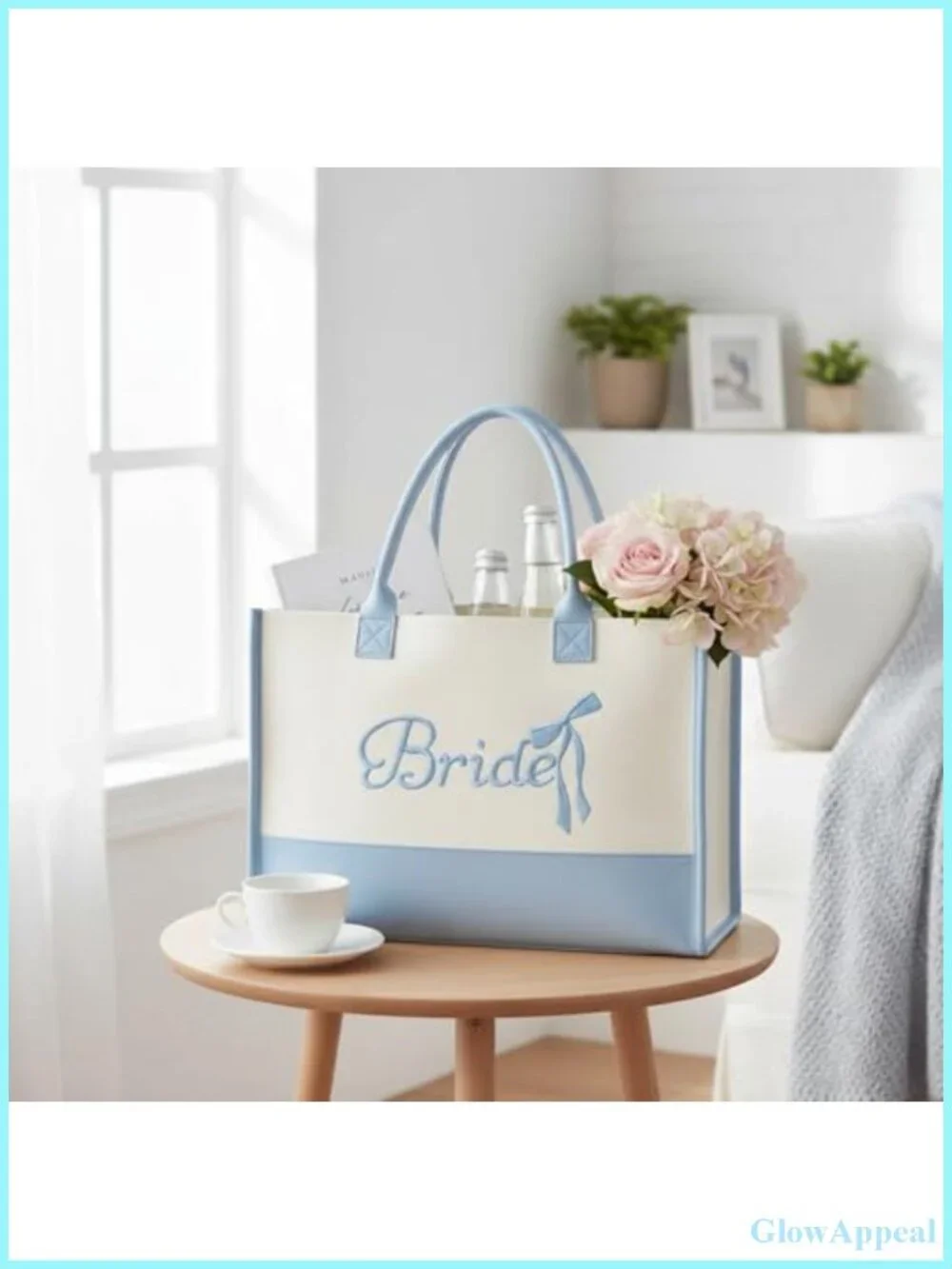 Embroidered Canvas Bride Tote Bag with Bow for Wedding Bridal Shower